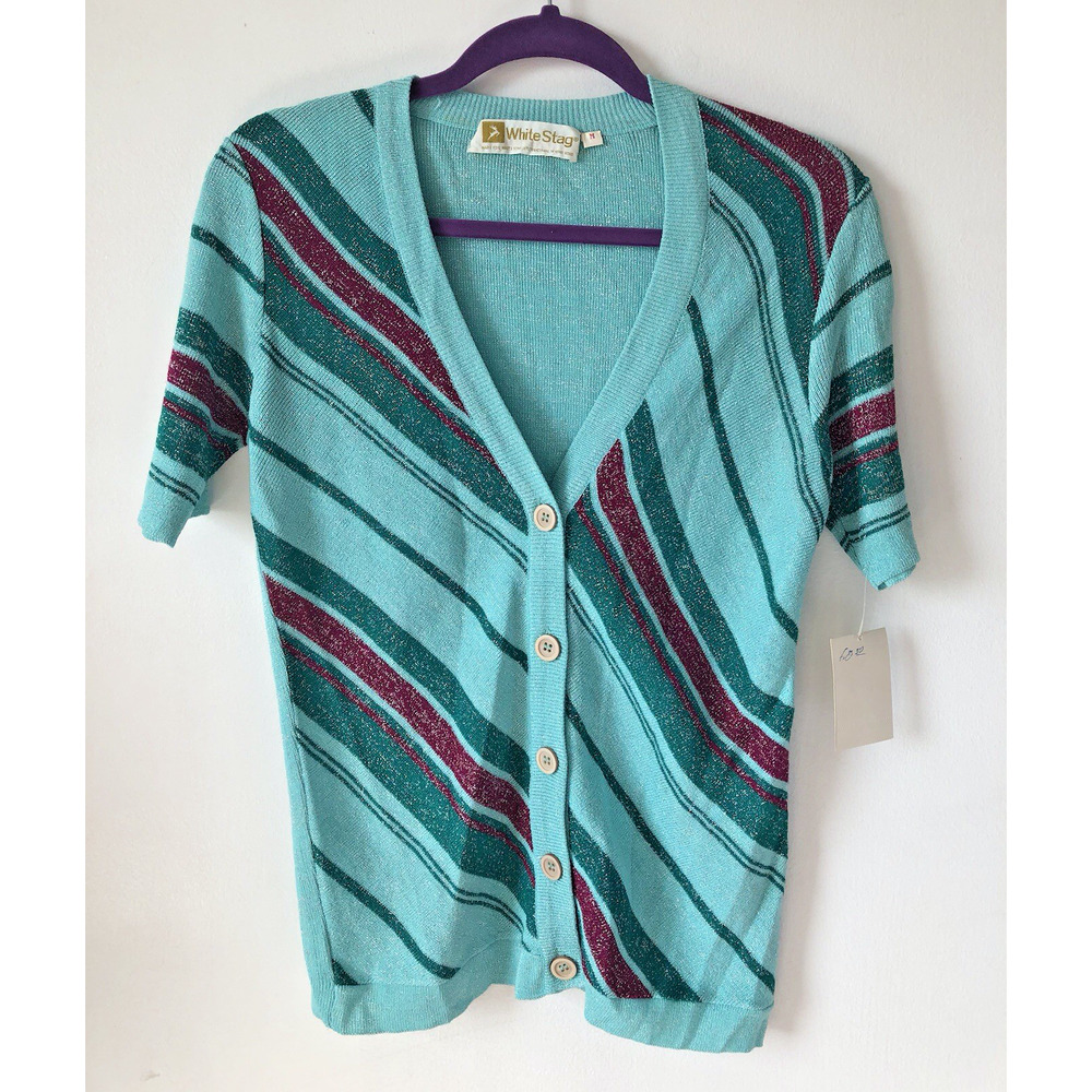 NWT Vintage Deadstock Cardigan Striped Metallic Sweater White Stag Medium